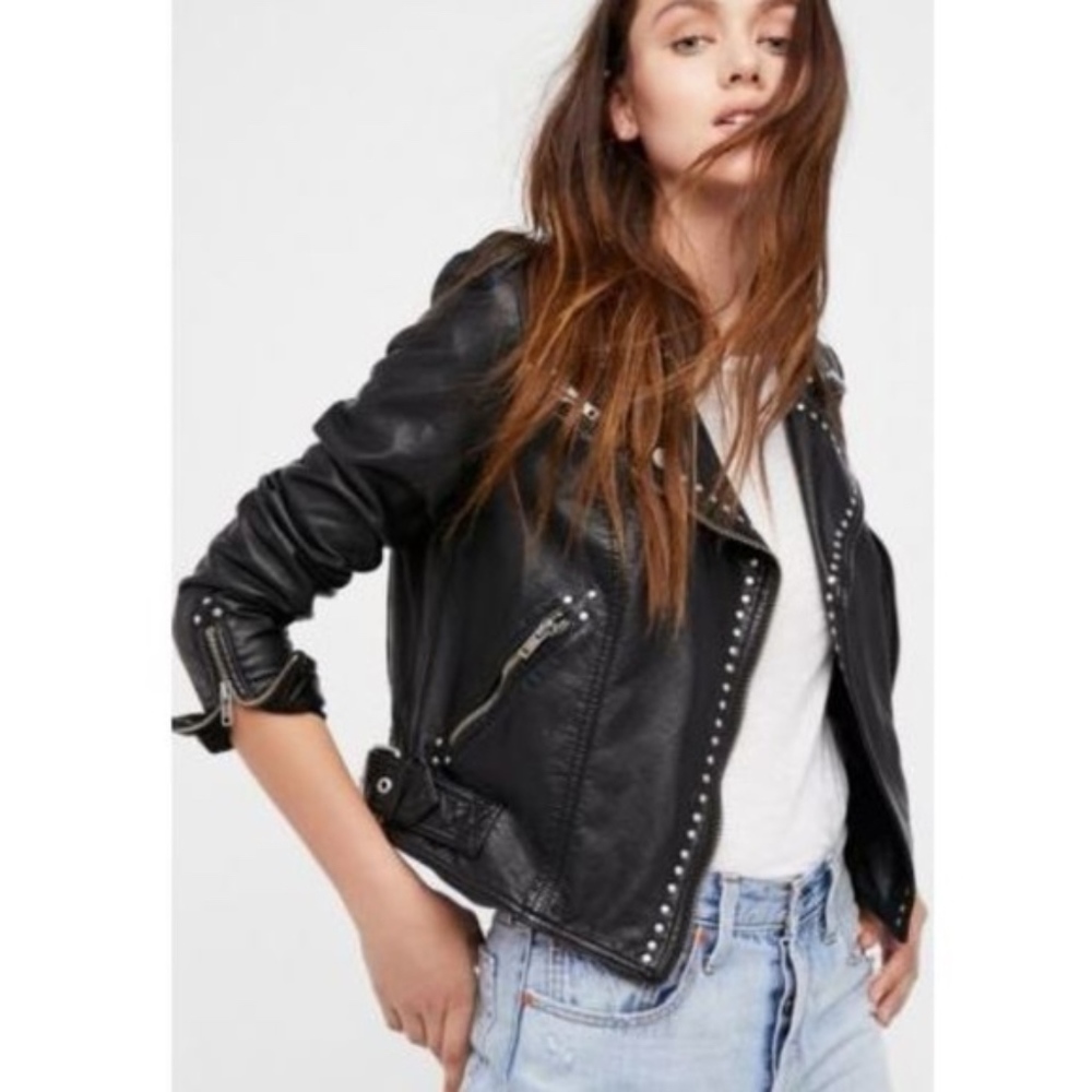 Free People XS Black Studded Vegan Moto Jacket